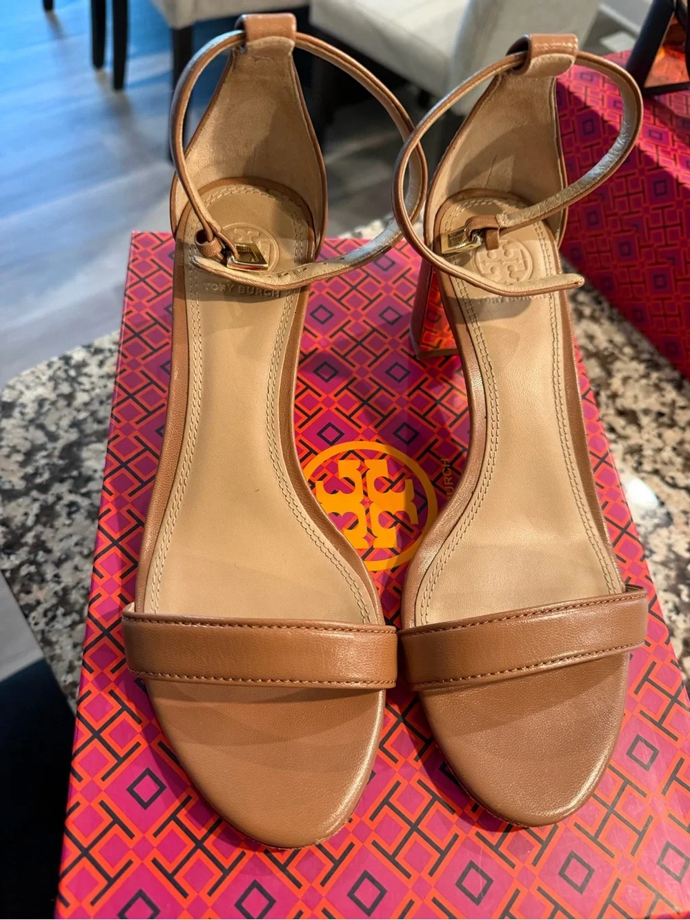 Tory Burch Tan Leather Ankle-Strap Block Heel Sandal with Gold Accent